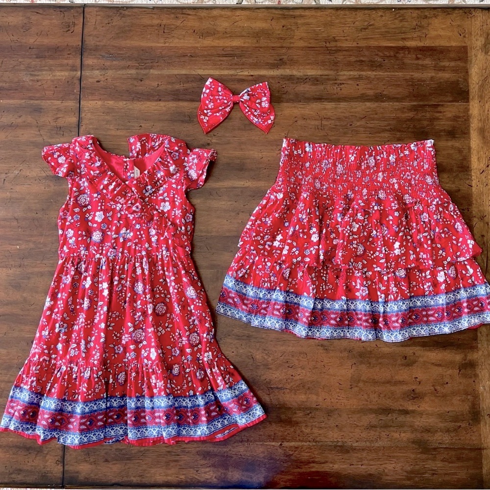 Mommy and Me Janie and Jack Red Dress (7) Skirt (16 or Women’s Small) & Bow Set